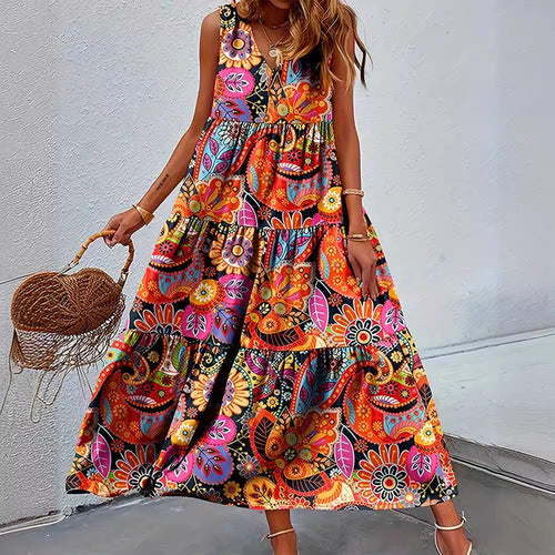 Damen Maxikleid mit buntem Blumenmuster und elegantem V-Ausschnitt