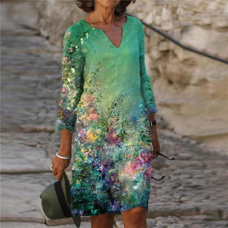 Damen Freizeitkleid mit floralem Design und V-Ausschnitt