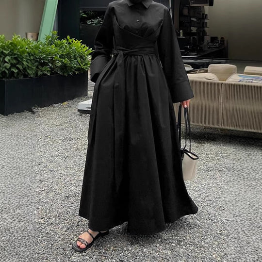 Damen Maxikleid im Hemdblusenstil mit Taillenwickel, weitem Tellerrock und breiten Manschetten Shop Nory