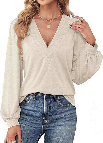 Damen lässiges V-Ausschnitt Shirt mit Puffärmeln und eleganter Raffung Shopnory