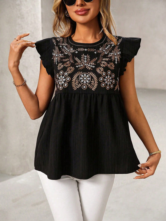 Damen Lockeres besticktes Babydoll-Top mit Rüschenärmeln Shop Nory