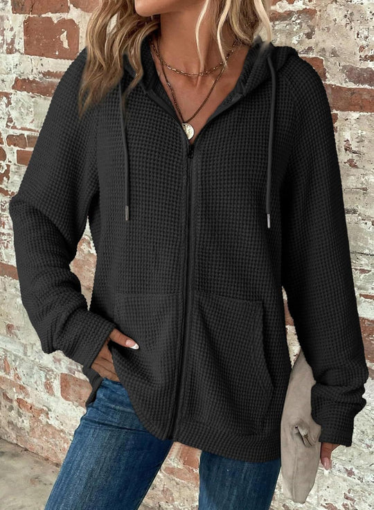 Damen Waffelstrick-Kapuzenjacke mit Reißverschluss, Kängurutaschen und entspannter Silhouette Shop Nory