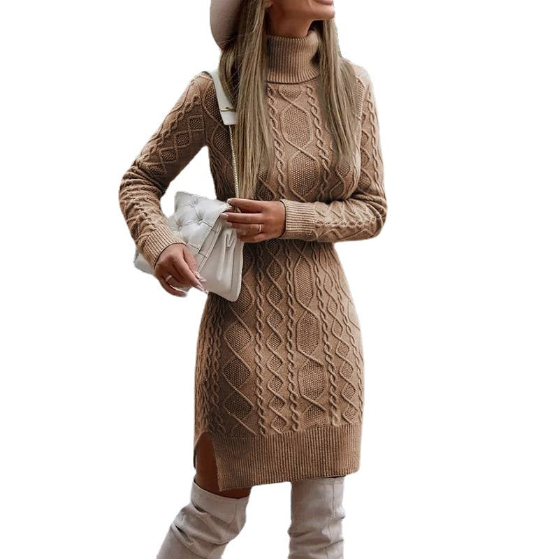 Damen nan figurbetontes Strickkleid mit Rollkragen, Zopfmuster, seitlichem Schlitz und geripptem Saum Shop Nory