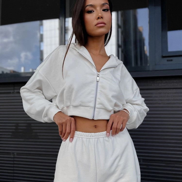 Damen Cropped-Zipper-Kapuzenjacke mit taillenhohen Fransen-Shorts Lounge-Set Shop Nory