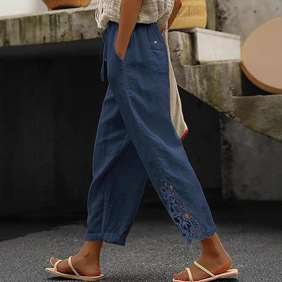 Damen luftige Leinenhose mit dekorativen Stickereien