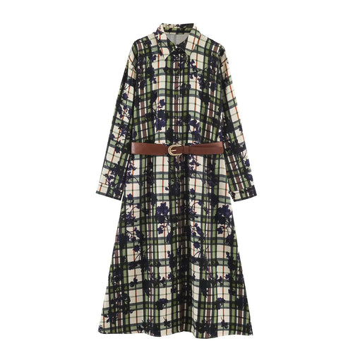 Damen Hemdblusenkleid mit Karomuster und Blumenprint samt taillierendem Gürtel Shop Nory