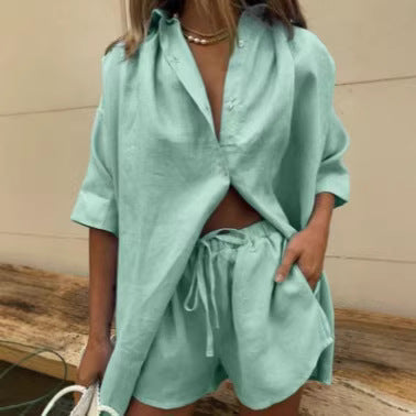 Damen luftige Leinenbluse mit Shorts Shopnory