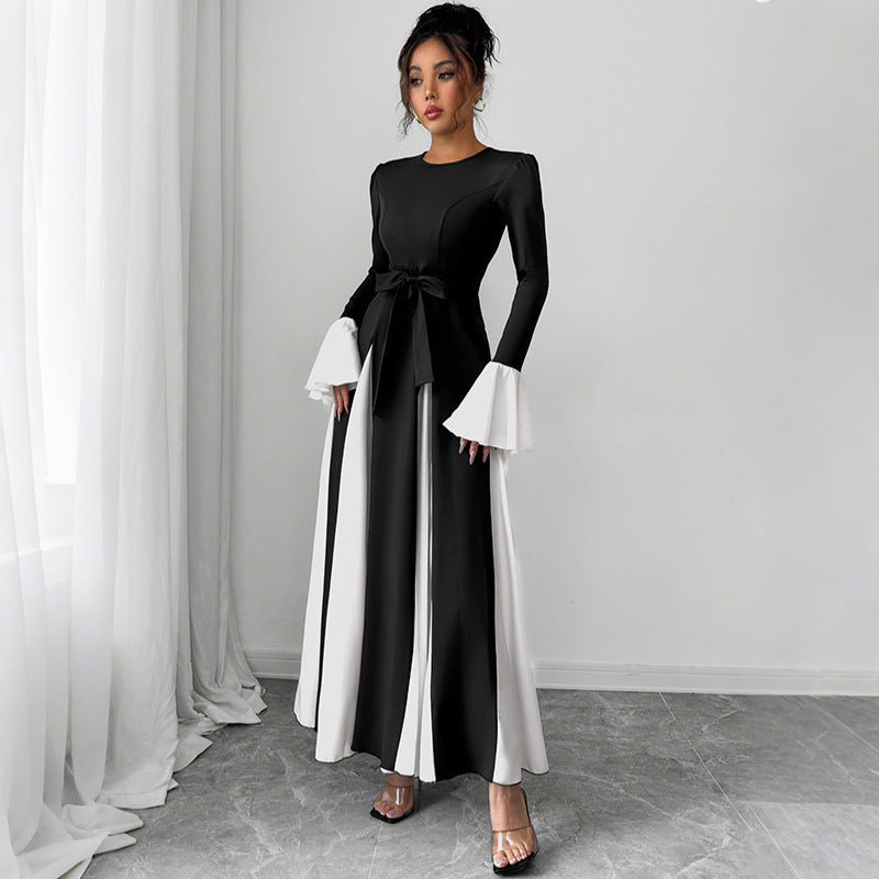 Damen Abendkleid mit tailliertem Corsagen-Oberteil, langen Ärmeln und kontrastierenden Volantmanschetten Shop Nory