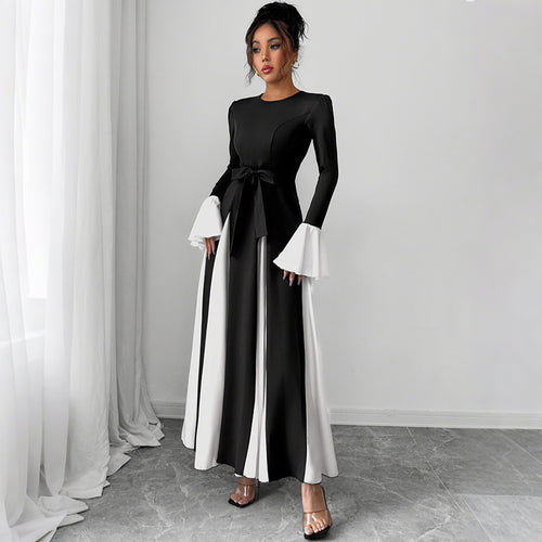 Damen Abendkleid mit tailliertem Corsagen-Oberteil, langen Ärmeln und kontrastierenden Volantmanschetten Shop Nory