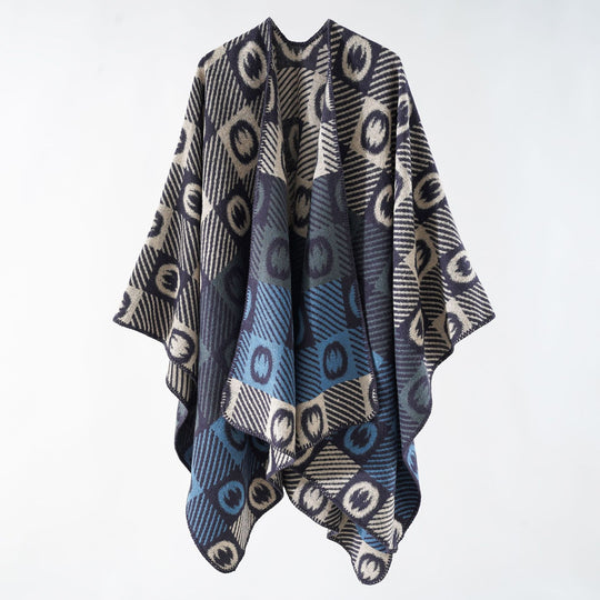 Damen Jacquard-Wickelponcho aus feinem Strick mit grafischem Kreis-Jacquard und offener Kimono-Silhouette Shop Nory