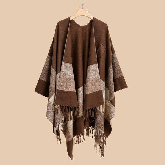 Damen Leichter Wollmix-Überwurf im Kimono-Schnitt mit Fischgrät‑Besatz und Fransensaum Shop Nory