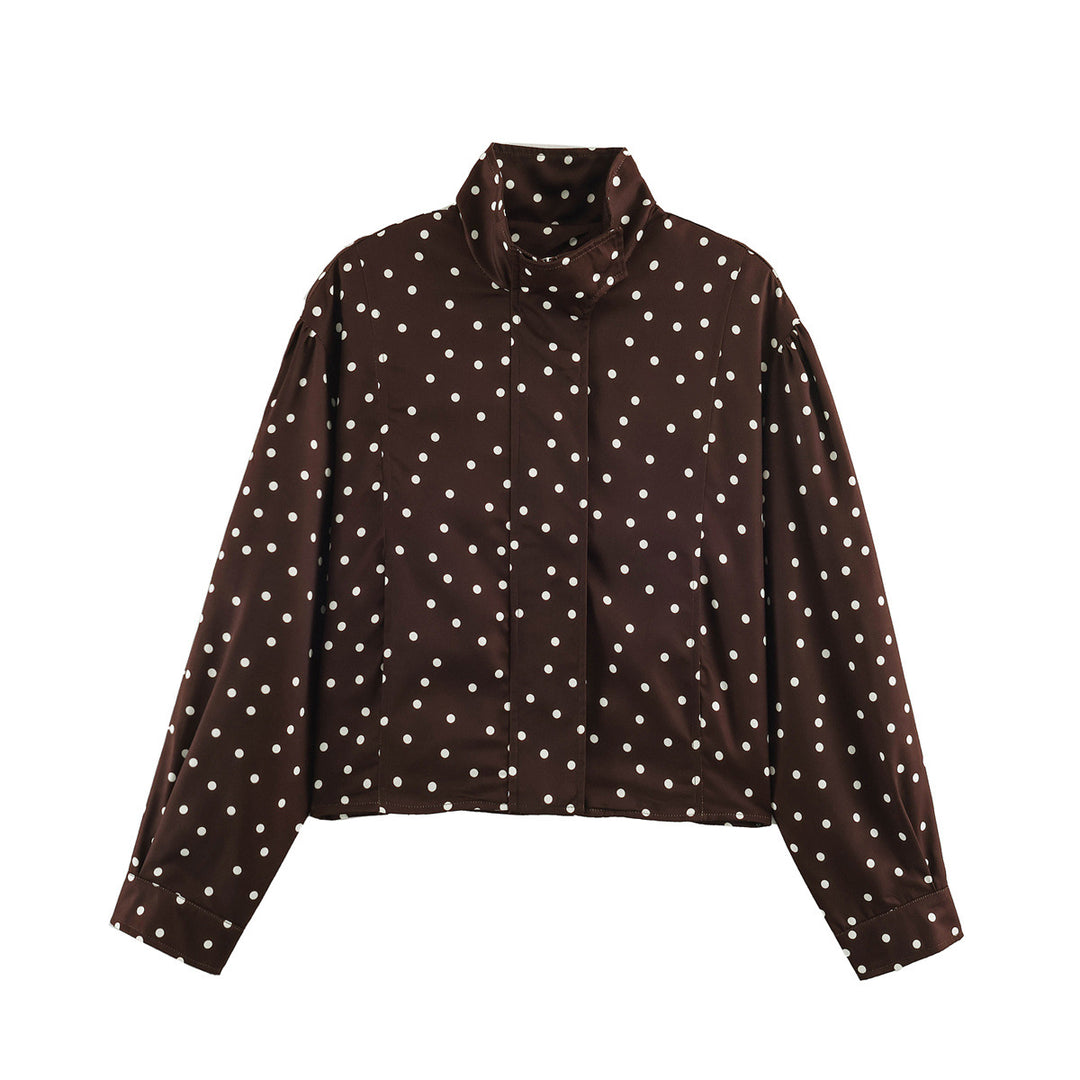 Damen Gepunktete Cropped Bluse mit Stehkragen und verdeckter Knopfleiste Shop Nory