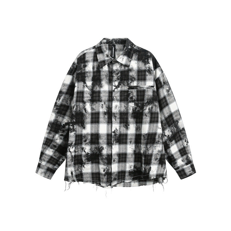 Herren Oversize-Karo-Hemdjacke mit ausgefranstem Saum und Brust-Reißverschlusstasche Shop Nory