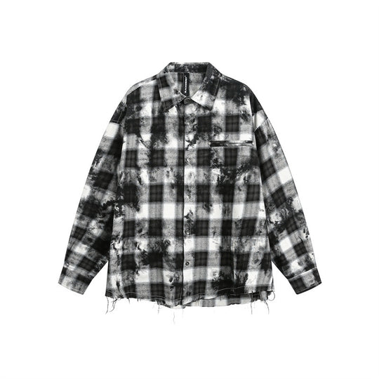 Herren Oversize-Karo-Hemdjacke mit ausgefranstem Saum und Brust-Reißverschlusstasche Shop Nory