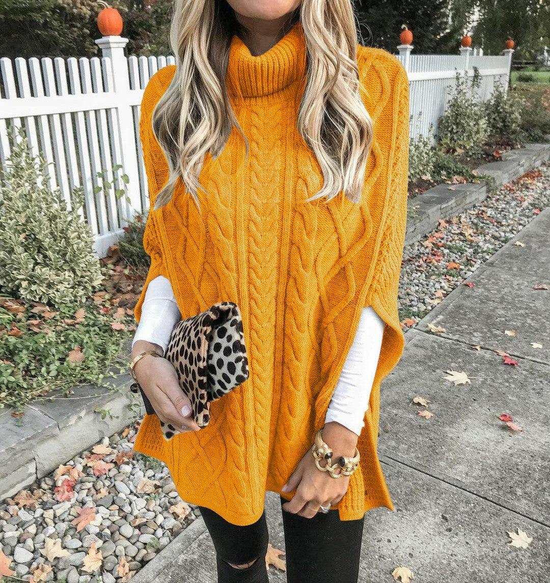 Damen Strickponcho mit hohem Kragen und aufwendigem Zopfmuster