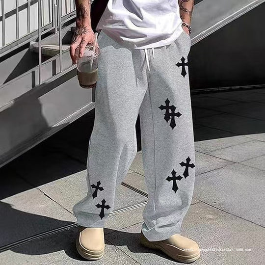 Herren Weite Sweatpants mit Gothic-Kreuz-Print, Tunnelzug & Tiefer Schritt Shop Nory
