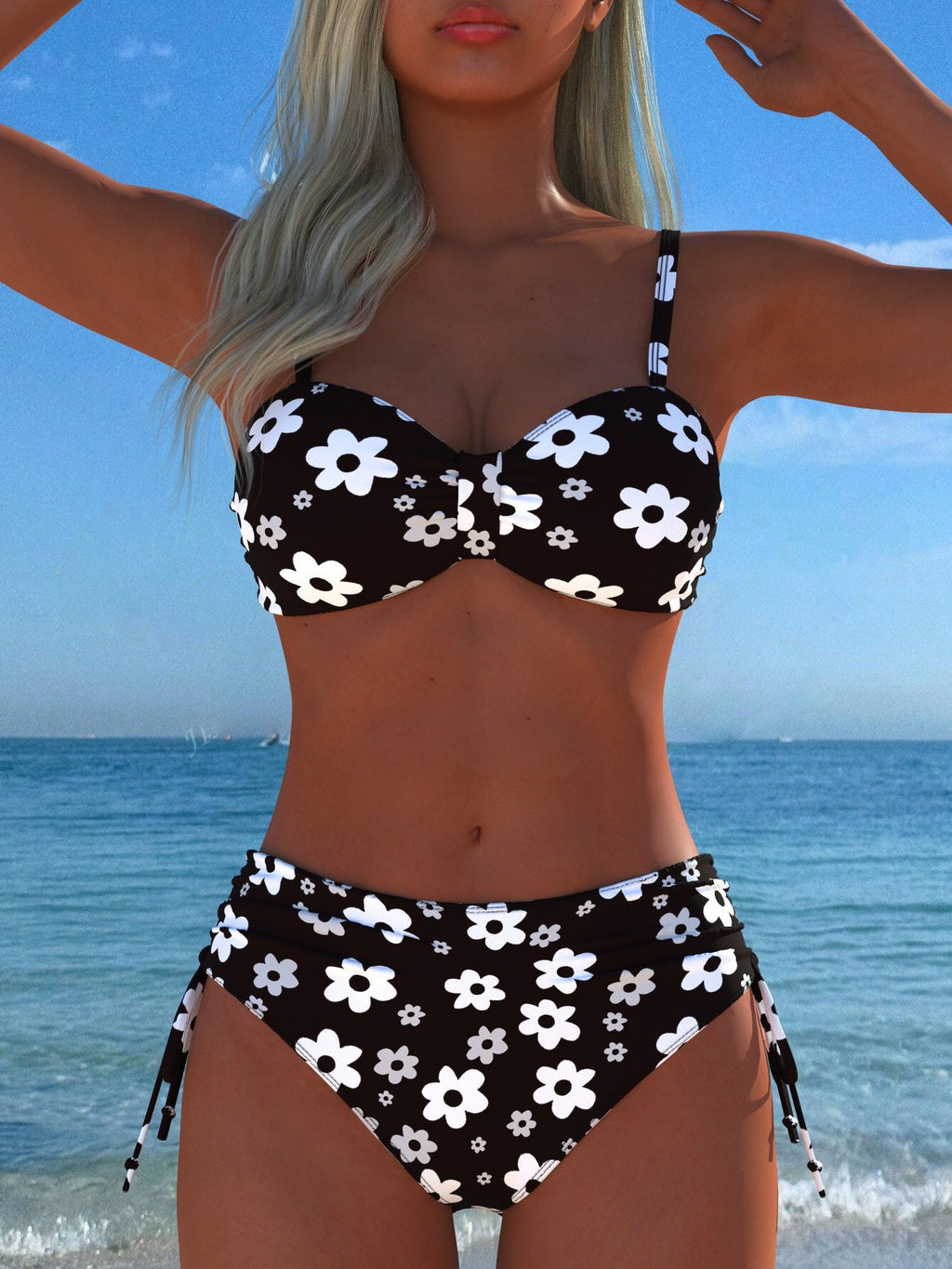 Damen Bikini-Set mit stilvollem Karomuster und goldfarbenen Akzenten