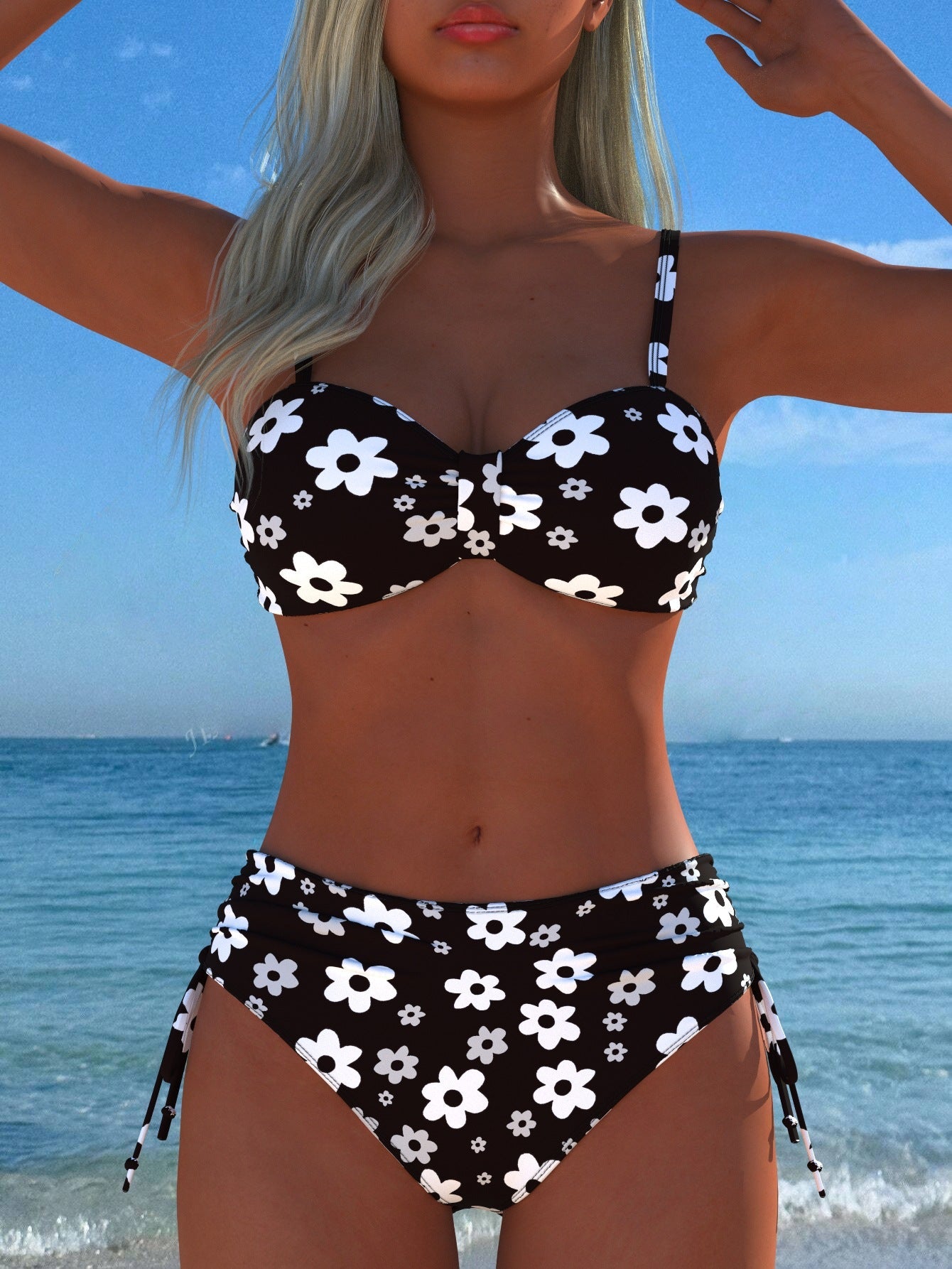 Damen Bikini-Set mit stilvollem Karomuster und goldfarbenen Akzenten