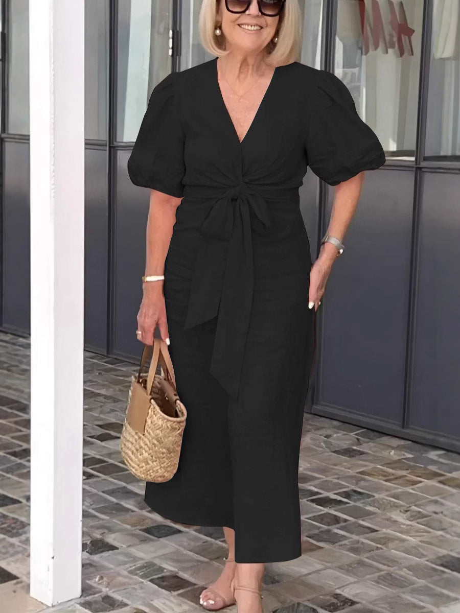 Damen Maxikleid mit eleganten Puffärmeln und Taillenknoten