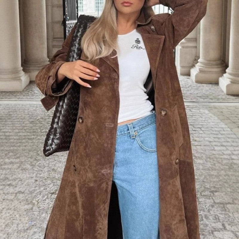 Damen langer Wildleder-Trenchcoat mit Taillengürtel Shop Nory