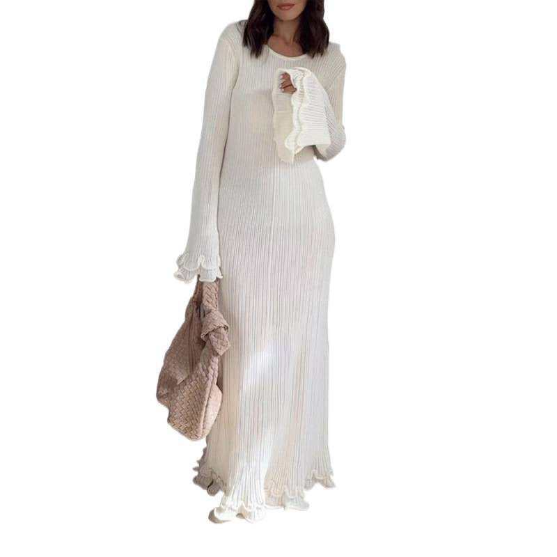 Damen Geripptes Maxikleid mit langen Ärmeln, Volantmanschetten und Rüschenabschluss Shop Nory