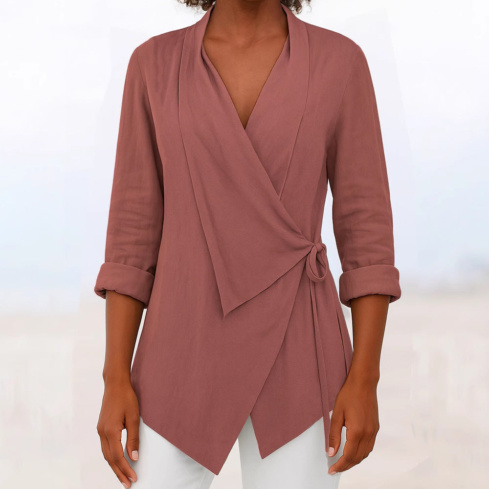 Damen Asymmetrische Wickelbluse mit Schalkragen und 3/4-Ärmeln Shop Nory
