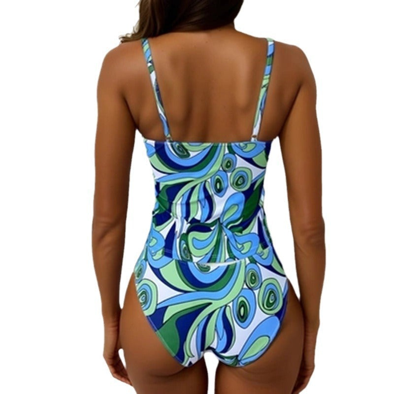 Damen Einteiler Badeanzug mit floralem Muster und Rüschendetails