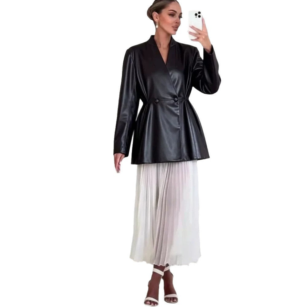 Damen Taillierter Wickelblazer aus Lederimitat mit ausgestelltem Saum Shop Nory