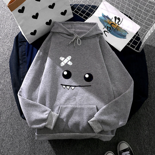 Damen nan Kapuzenpullover mit verspieltem Monstergesicht, Bandagen-Applikation und Kängurutasche Shop Nory
