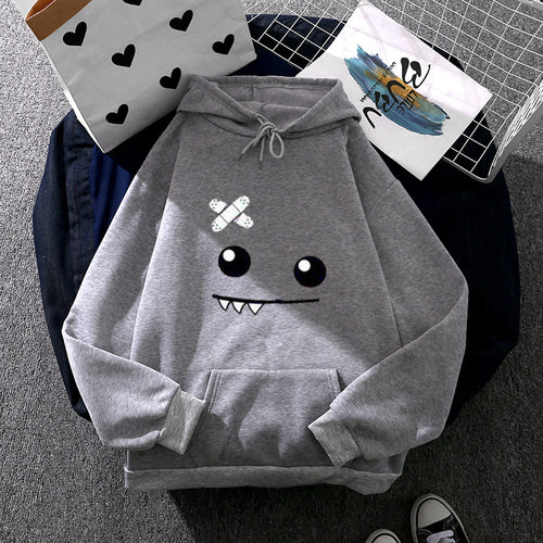Damen nan Kapuzenpullover mit verspieltem Monstergesicht, Bandagen-Applikation und Kängurutasche Shop Nory