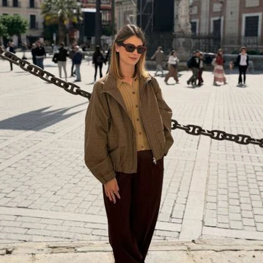 Damen Boxy-Kurzjacke im Glencheck mit elastischem Saum und Reißverschluss Shop Nory