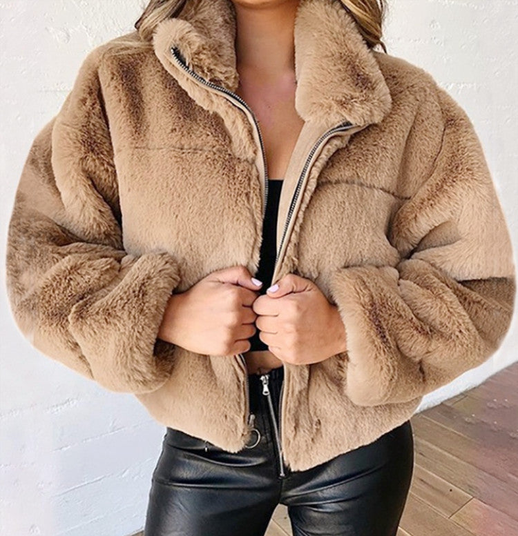 Damen nan kurze kuschelige Kunstpelzjacke mit Stehkragen und Reißverschluss Shop Nory