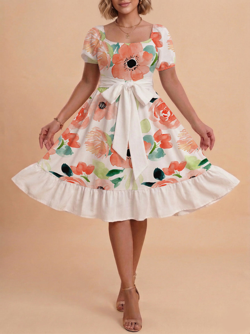 Damen Sommerliches Blumenkleid mit taillierbarem Gürtel und voluminösen Ärmeln