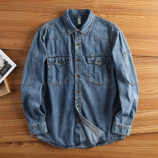 Herren Relaxed Denim‑Hemdjacke mit aufgesetzten Pattentaschen, verstärkten Ellenbogen und sichtbarer Knopfleiste Shop Nory