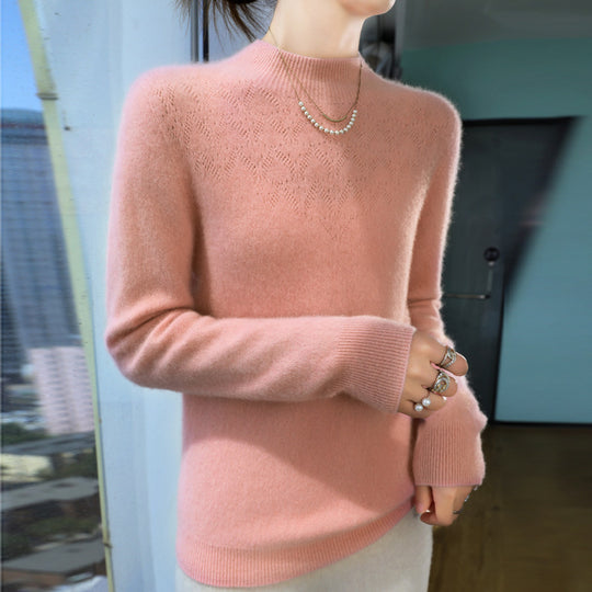 Damen Schlanker minimalistischer Stehkragen-Feinstrickpullover mit geripptem Hals Shop Nory