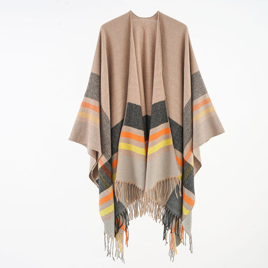 Damen Oversize-Überwurfponcho aus Wollmix mit grafischem Streifenmuster und Fransensaum Shop Nory