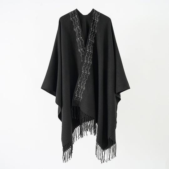 Damen Fransenponcho im offenen Kimono-Fall mit gezackter Nieten‑Bordüre Shop Nory