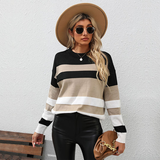 Damen Gestreifter Oversize-Feinstrickpullover mit Rundhalsausschnitt und Rippbündchen Shop Nory