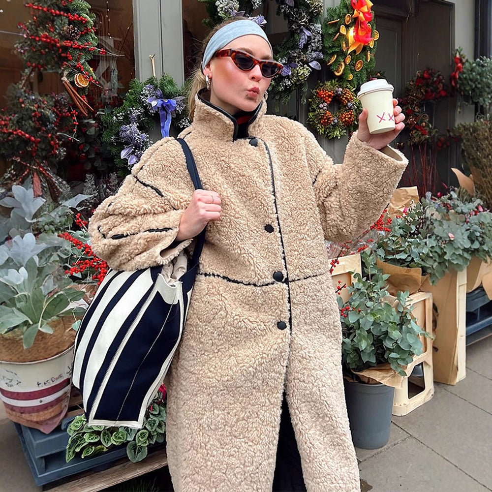 Damen Langer Teddy‑Mantel mit Kontrastnähten, Stehkragen und Knopfleiste Shop Nory