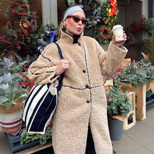 Damen Langer Teddy‑Mantel mit Kontrastnähten, Stehkragen und Knopfleiste Shop Nory