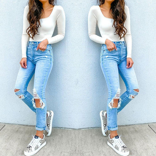 Damen Hochtaillierte Skinny Jeans mit modischen Rissen