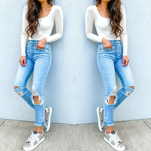 Damen Hochtaillierte Skinny Jeans mit modischen Rissen