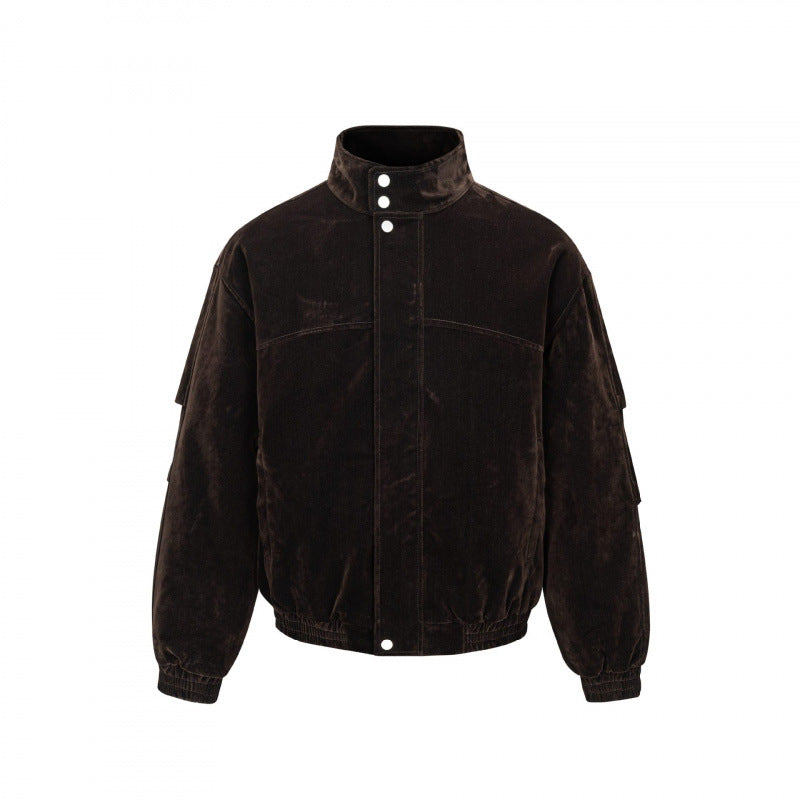 Herren Samtvelours-Bomberjacke mit Stehkragen, verdeckter Druckknopfleiste und elastischem Saum Shop Nory