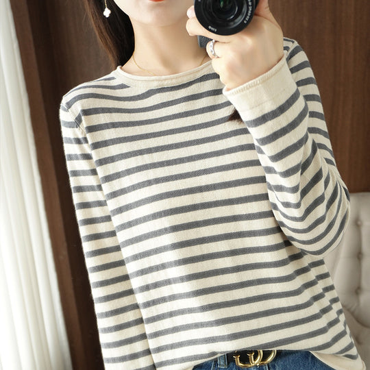 Damen Maritim inspirierter Baumwoll-Feinstrickpullover mit Streifen und leicht kastiger Silhouette Shop Nory