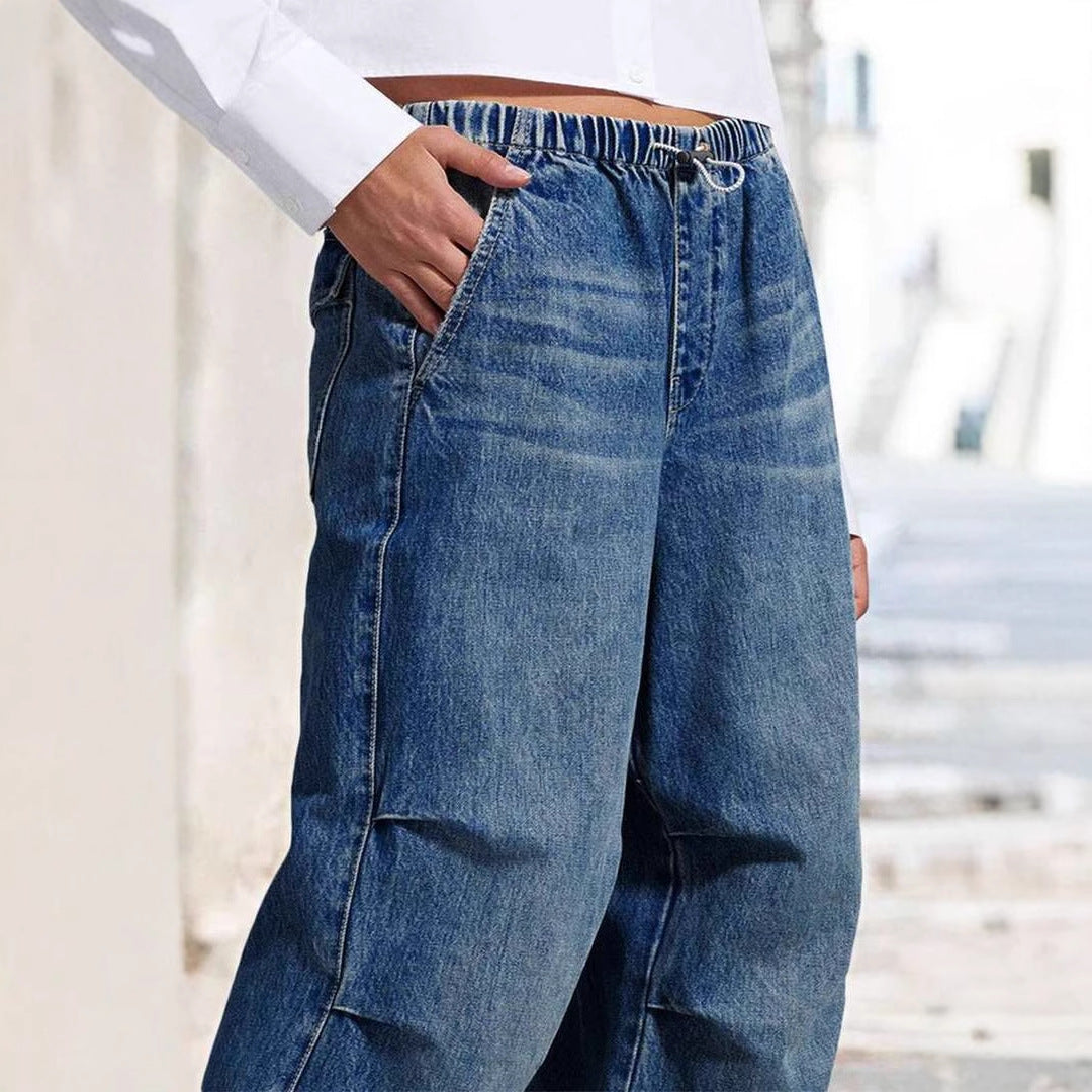 Damen Weite Denim-Hose mit elastischem Bund und hohen Taschen