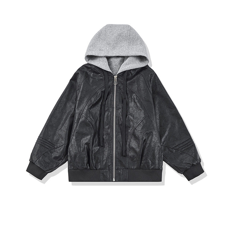 Unisex Weit geschnittene Kunstleder Bomberjacke mit kontrastkapuze und Rippbündchen Shop Nory