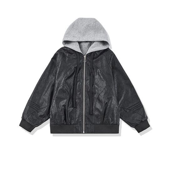 Unisex Weit geschnittene Kunstleder Bomberjacke mit kontrastkapuze und Rippbündchen Shop Nory