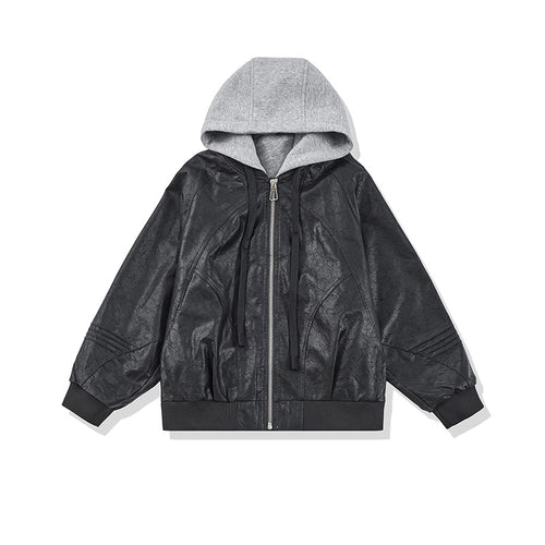 Unisex Weit geschnittene Kunstleder Bomberjacke mit kontrastkapuze und Rippbündchen Shop Nory