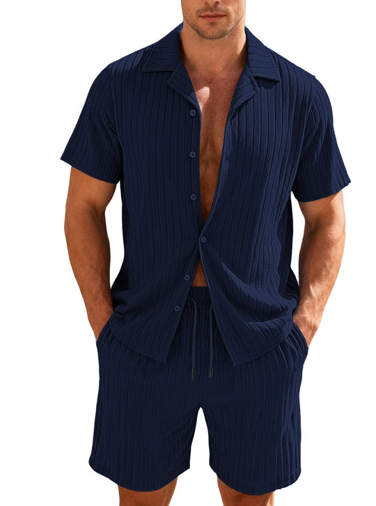 Herren nan geripptes Feinstrick-Lounge-Set mit kurzärmligem Revershemd und Kordelshorts