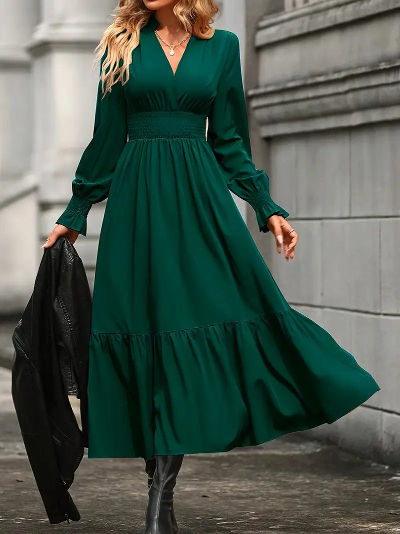 Damen Maxikleid mit elegantem V-Ausschnitt und voluminösen Ärmeln